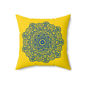 Gold and Blue Persian Flower Outdoor Throw Pillow